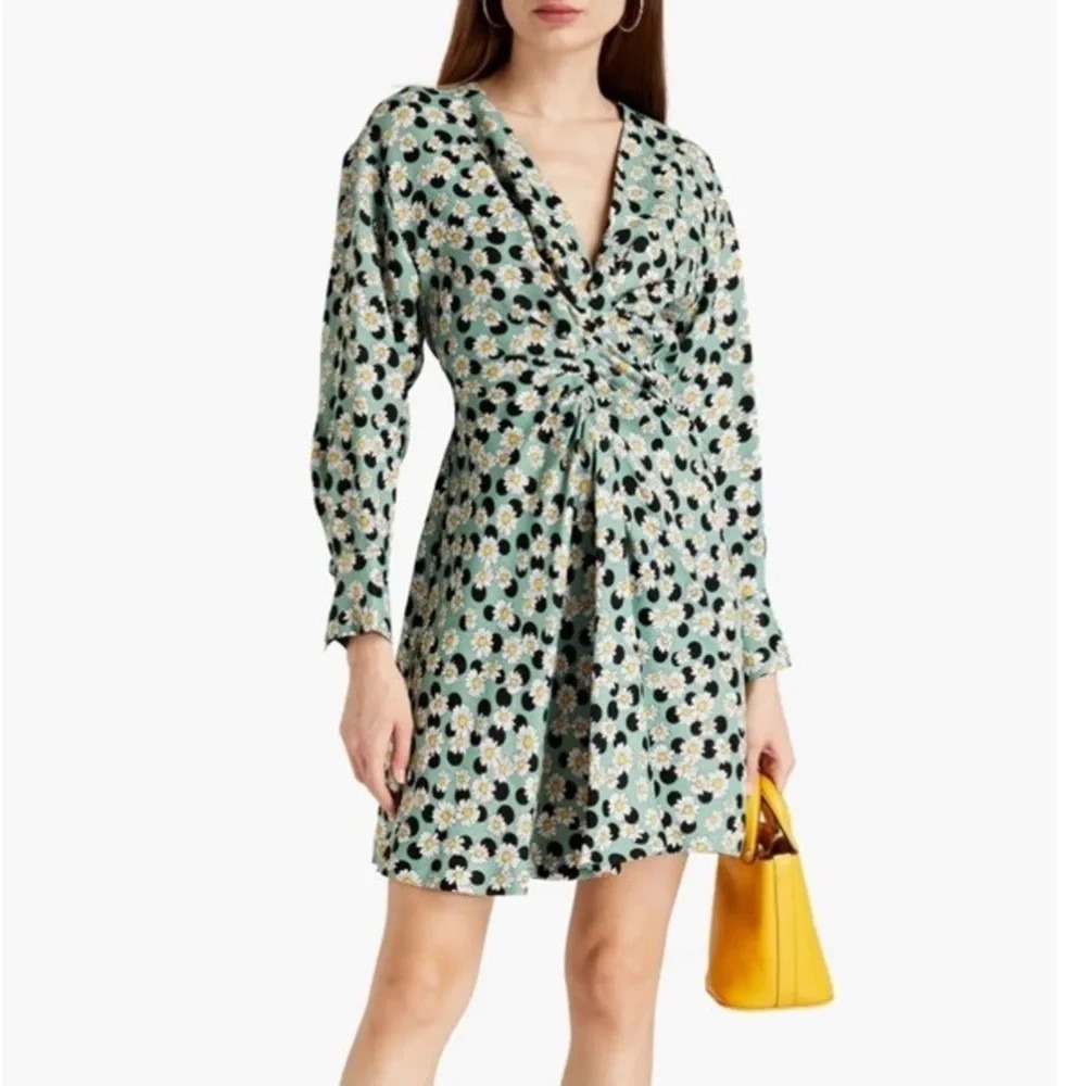 Sandro Paris Angele Dress 38 M Green Daisy Floral Polka Dot Linen Mini Dress